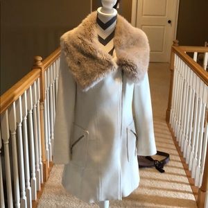 WHBM Cream full length coat with faux fur collar